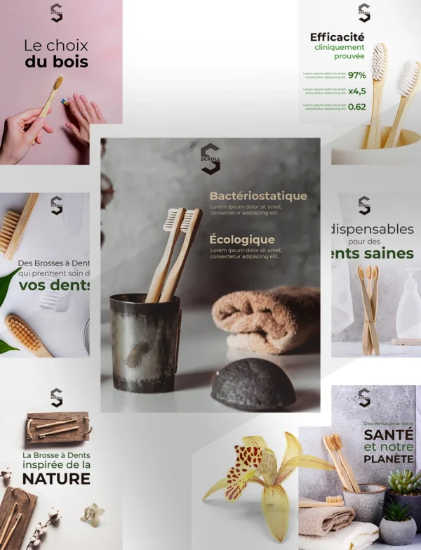 Direct-Scroll | Publications pour les Parapharmacies "Exemple Brosse Écologique" avec un Design Épuré | Publications Visuels pour les Réseaux Sociaux | Silde 1 | Pour Composer votre Pack Digital Complet incluant Visuels pour les Réseaux Sociaux, Vidéos en Motion Graphics, Votre Site Web et des Landing Pages. Et gagner en Visibilité grâce à Votre Stratégie Digitale Réussie.