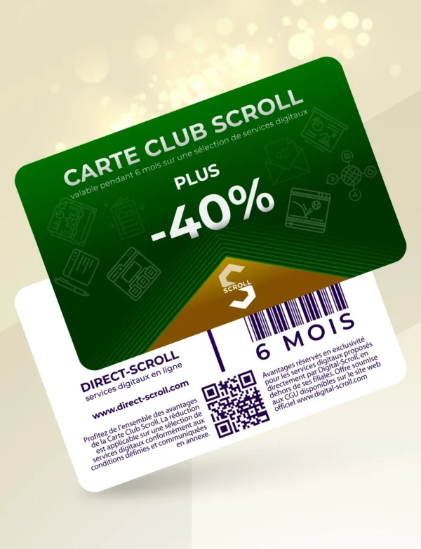 Direct-Scroll | e-Carte Club Plus -40% de Réduction sur toute la Boutique | e-Cartes Club | Slide 1 | Pack Digital Offert avec un Abonnement de 6 Mois à Notre e-Boutique de Templates pour Visuels Réseaux Sociaux