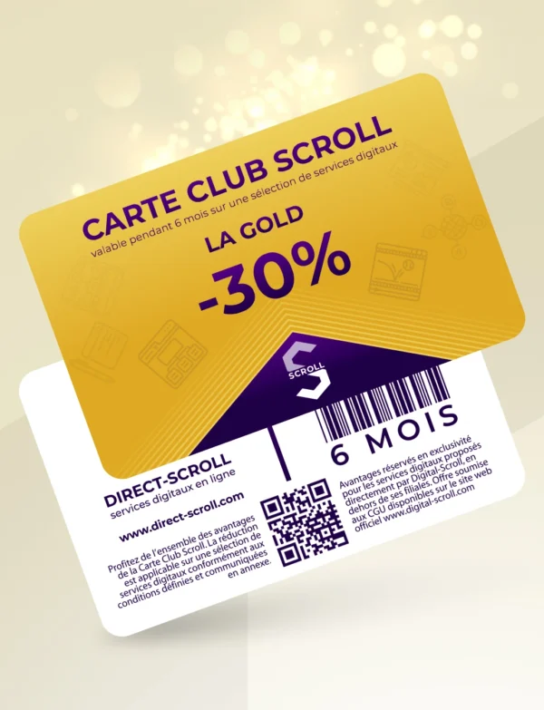 Direct-Scroll | e-Carte Club Gold -30% de Réduction sur toute la Boutique | e-Cartes Club | Slide 1 | Pack Digital Offert avec un Abonnement de 6 Mois à Notre e-Boutique de Templates pour Visuels Réseaux Sociaux