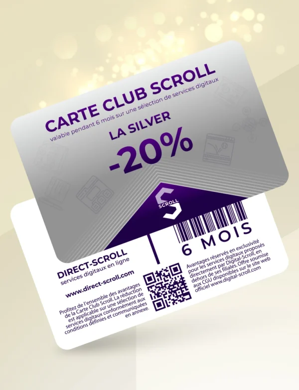 Direct-Scroll | e-Carte Club Silver -20% de Réduction sur toute la Boutique | e-Cartes Club | Slide 1 | Pack Digital Offert avec un Abonnement de 6 Mois à Notre e-Boutique de Templates pour Visuels Réseaux Sociaux