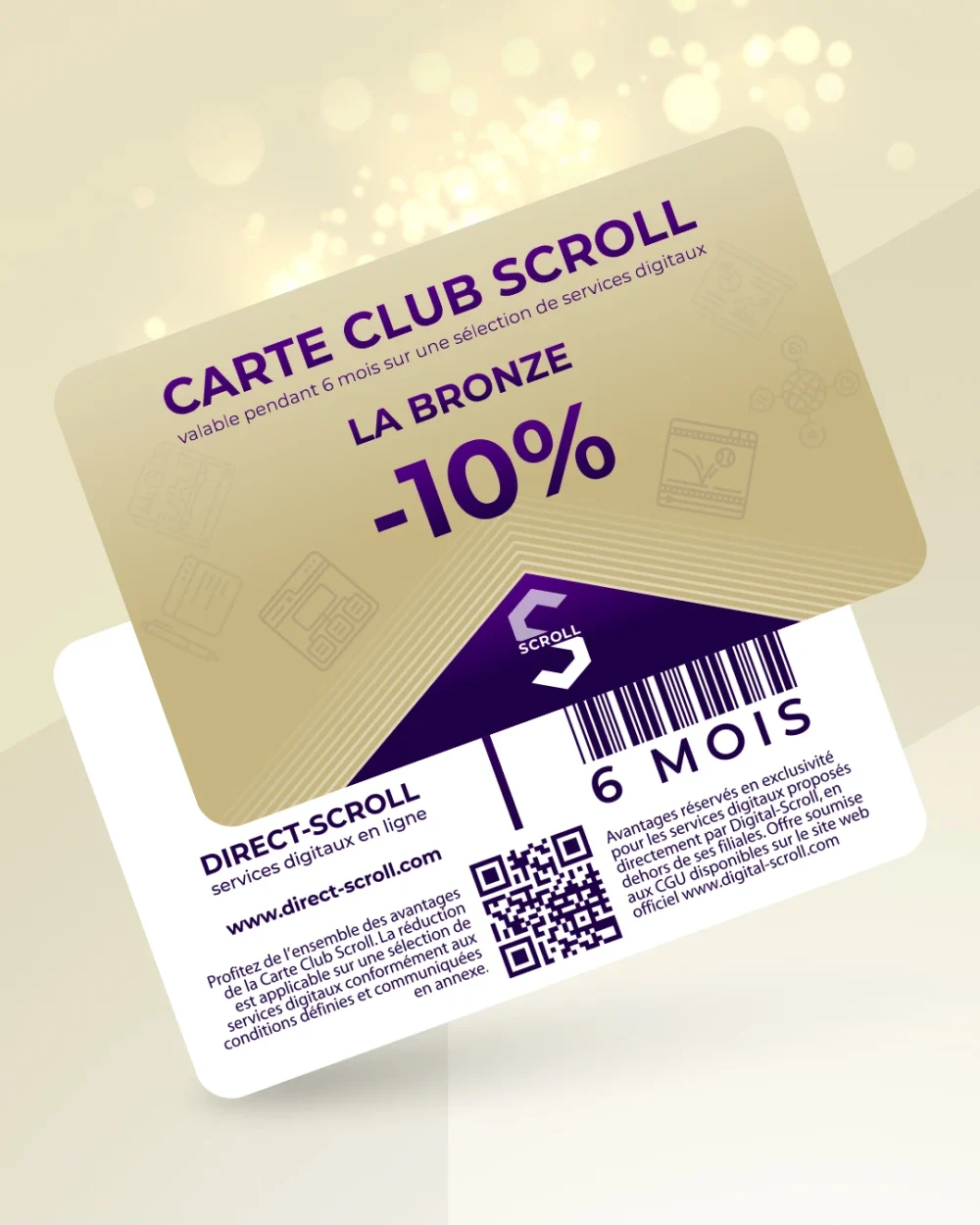 Direct-Scroll | e-Carte Club Bronze -10% de Réduction sur toute la Boutique | e-Cartes Club | Slide 1 | Pack Digital Offert avec un Abonnement de 6 Mois à Notre e-Boutique de Templates pour Visuels Réseaux Sociaux